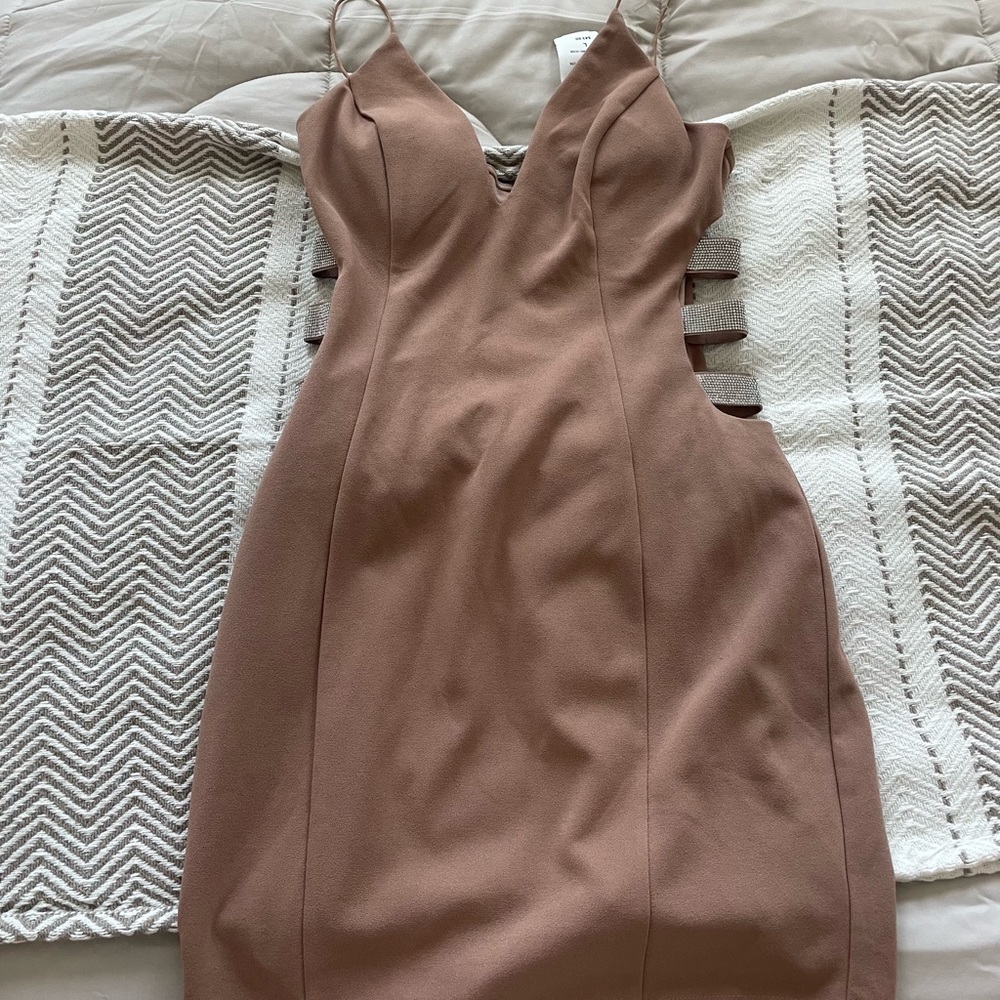 Tan side cutout mini dress